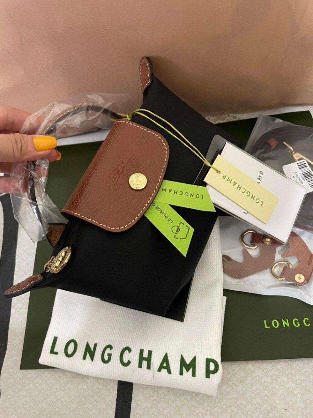 NWT Longchamp Le Pliage Original Mini Handbag Pouch Black Canvas Crossbody Tote